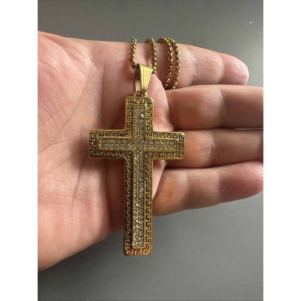 Cross Pendant Cubic Zirconia 24” Chain Gold Plated Religious Faith Gift Unisex